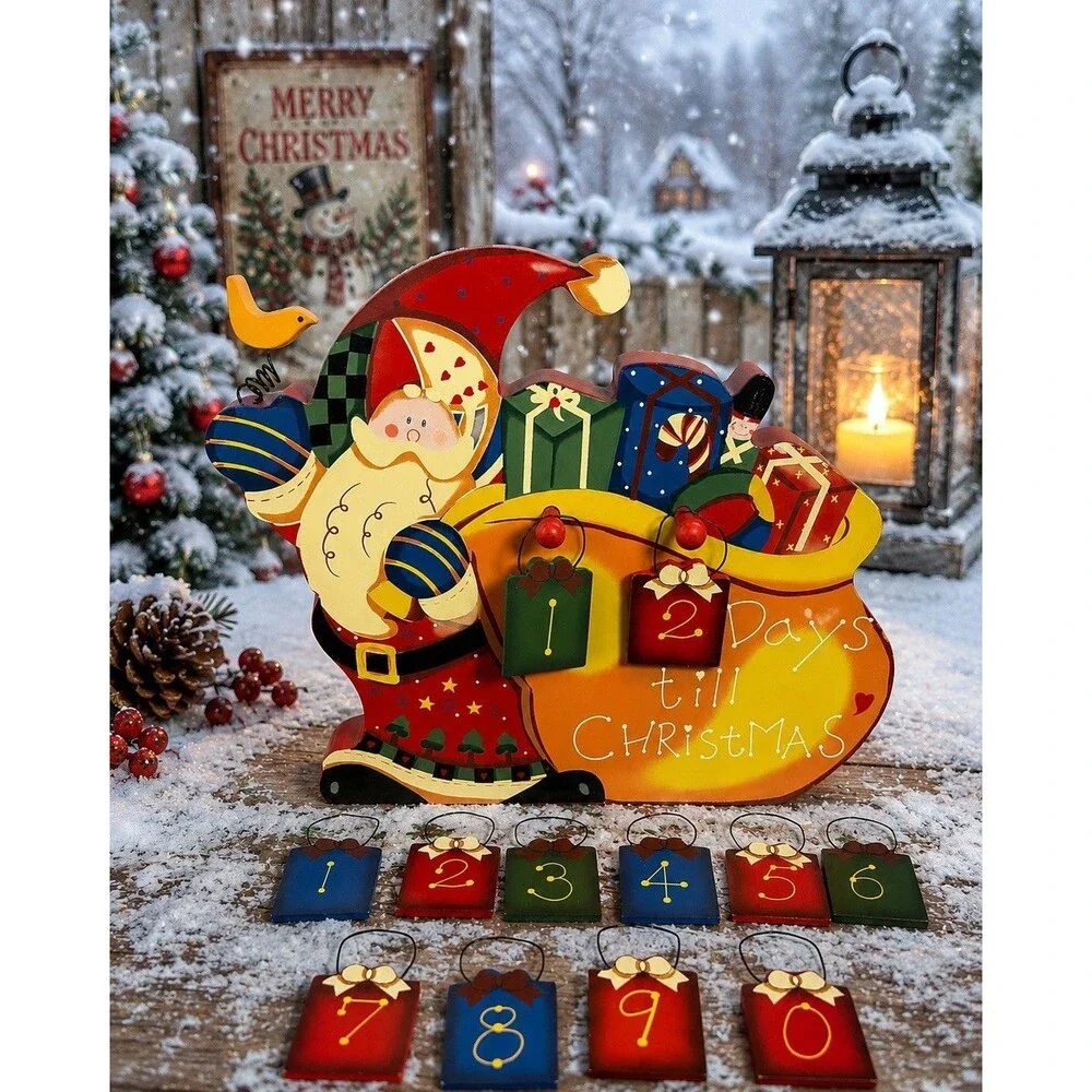 Vintage Wooden Santa Christmas Countdown Calendar Wall Hanging Shelf Sitter Deco